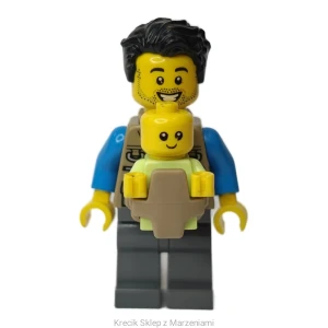 Figurka LEGO cty0918 + cty0919 Camper - Male, Dark Tan Vest over Dark Azure Shirt, Dark Bluish Gray Legs, Black Tousled Hair, Baby Carrier + Baby - Yellowish Green Body with Yellow Hands [Town: City: Recreation] | minifigurka ludzik