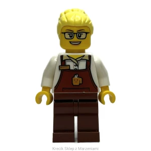 Figurka LEGO trn249 Barista - Female, Reddish Brown Apron with Cup and Name Tag, Reddish Brown Legs, Bright Light Yellow Hair, Glasses [Town : City] | minifigurka ludzik
